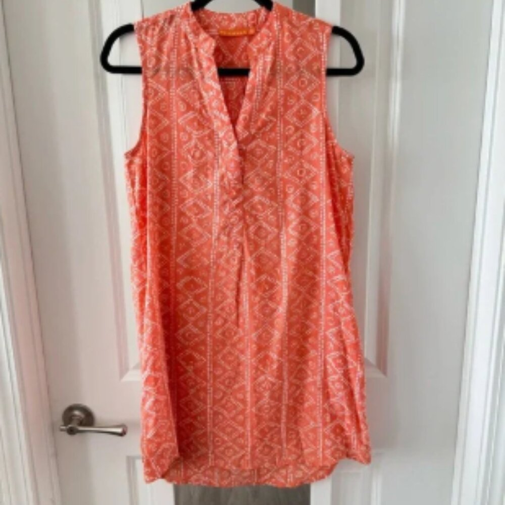 Oliphant Sleeveless Cotton Dress Coral Ikat Print | Size S